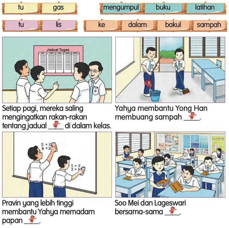 Murid mengingatkan jadual tugas, membuang sampah, memadam papan hitam dan belajar di dalam kelas