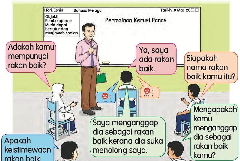 Murid bertanya dan menjawab soalan tentang rakan baik di dalam kelas