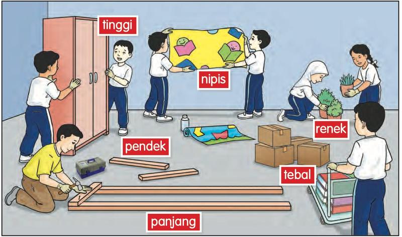 Murid membina perpustakaan mini dengan kayu panjang dan kertas nipis