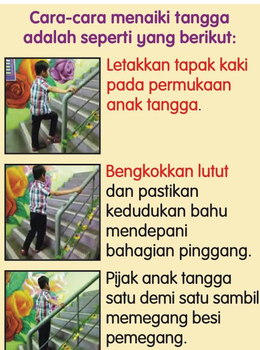 Tiga gambar budak menaiki tangga: letak tapak kaki, bengkokkan lutut, pijak satu demi satu sambil memegang besi pemegang