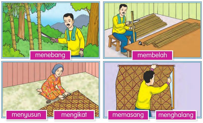 Datuk menebang rotan, membelah rotan, nenek menyusun dan mengikat rotan, dan bidai dipasang pada tingkap
