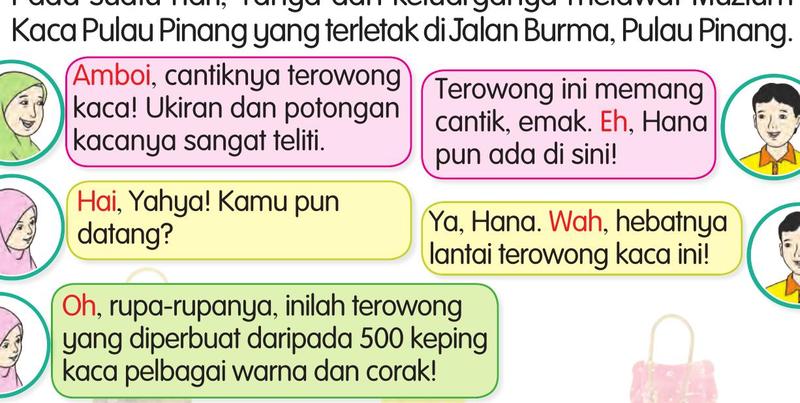 Perbualan di Muzium Kaca dengan kata seru Amboi, Eh, Hai, Wah dan Oh berwarna merah