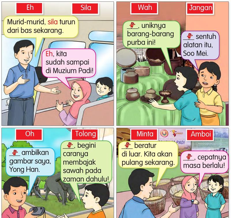 Empat gambar murid melawat Muzium Padi dengan kata seru dan kata perintah dalam balon ucapan