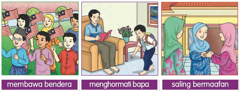 Tiga gambar: murid membawa bendera, murid menghormati bapa dan dua murid perempuan bersalaman saling bermaafan