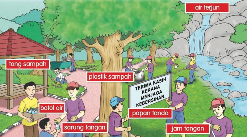 Anggota Persatuan Pencinta Alam membersihkan kawasan air terjun; ada label tong sampah, botol air, plastik sampah, sarung tangan, papan tanda dan jam tangan