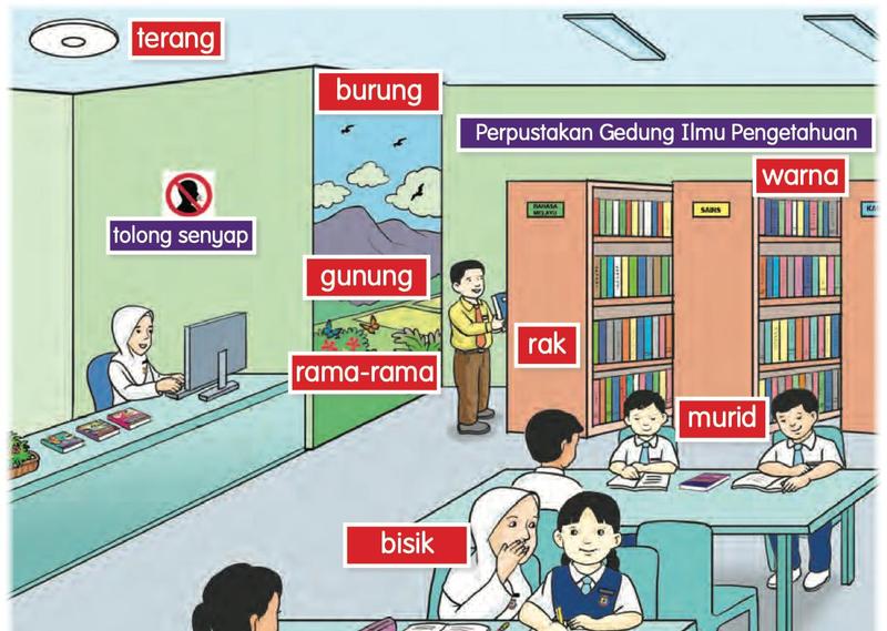 Perpustakaan dengan label terang, burung, gunung, rama-rama, rak, warna, murid dan bisik