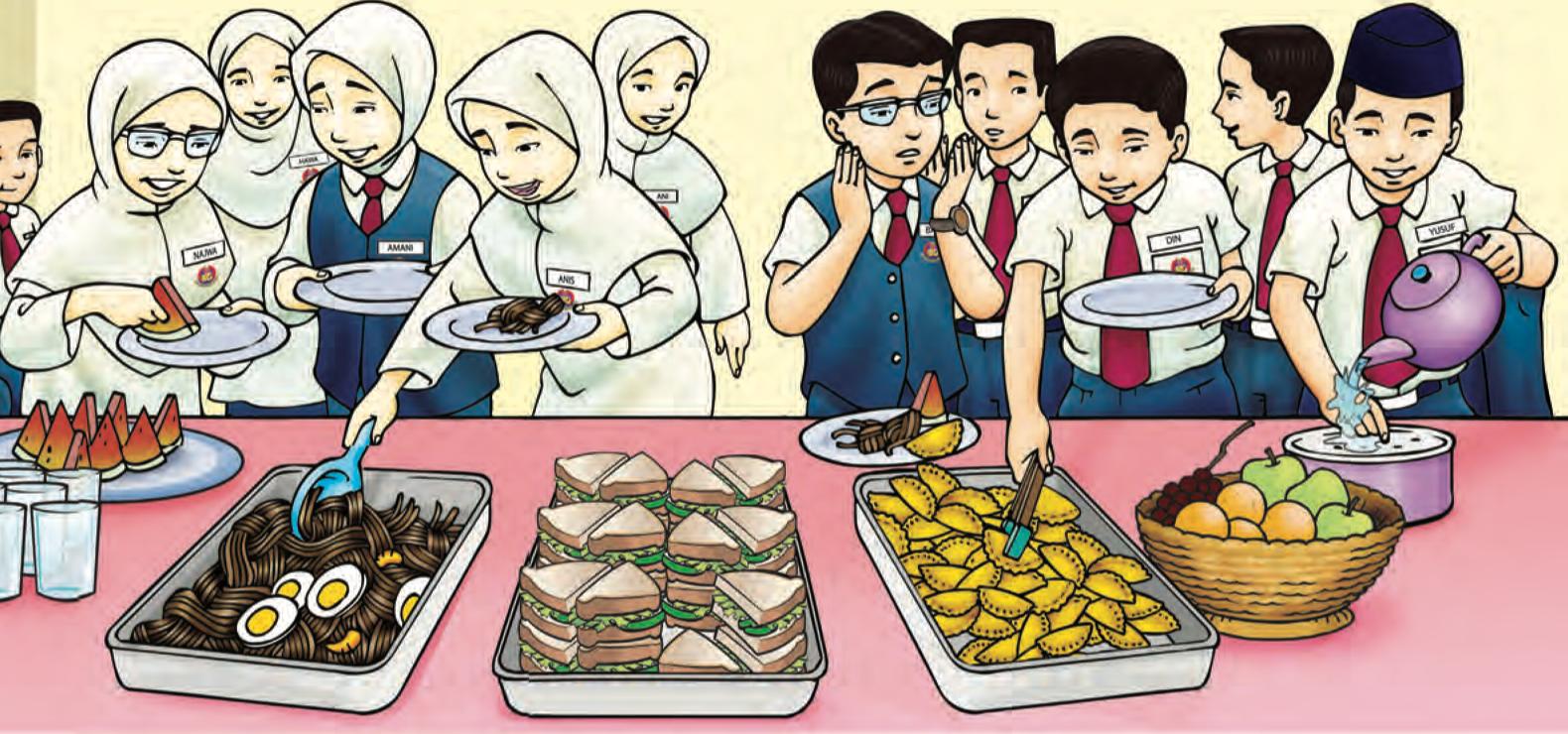 Murid beratur mengambil makanan (buku teks ms. 116)