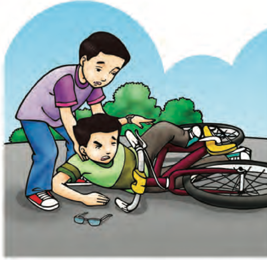 Seorang murid menolong kawan yang jatuh basikal (buku teks ms. 122)
