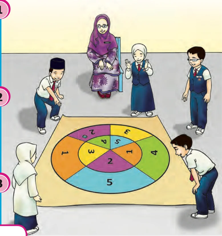 Murid melontar cakera ke atas kertas permainan bernombor 1 hingga 5