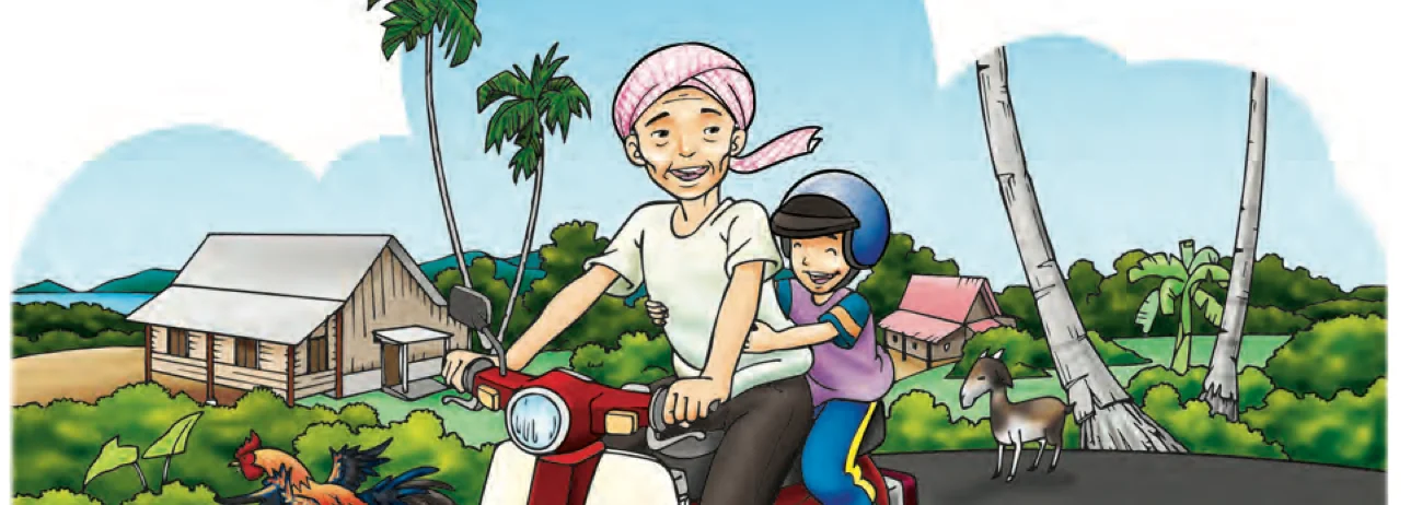 Datuk membawa cucunya menaiki motosikal di kampung