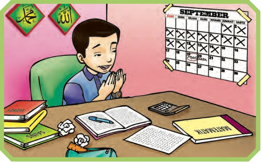 Murid berdoa di meja dengan kalendar peperiksaan