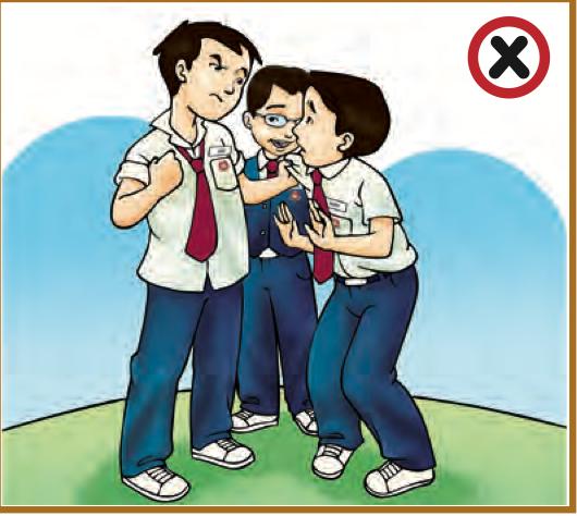 Seorang murid dikasari oleh dua rakannya, tanda silang di sudut
