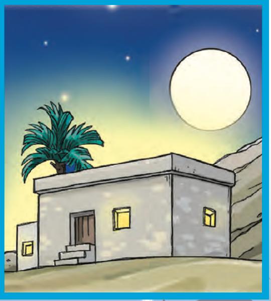 Sebuah rumah batu di bawah bulan purnama pada waktu malam