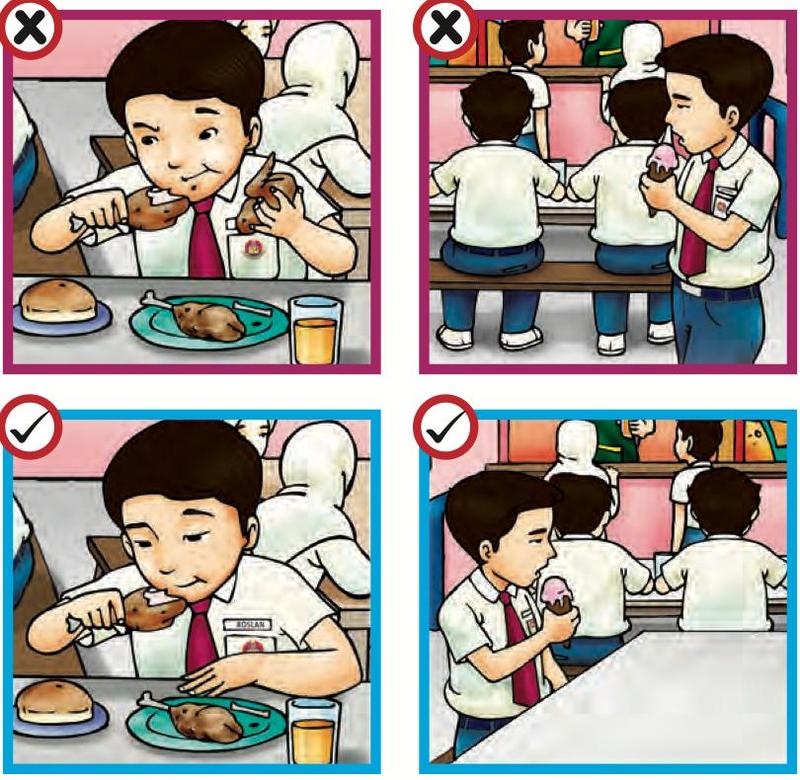 Empat gambar murid makan: dua bertanda silang yang salah dan dua bertanda betul
