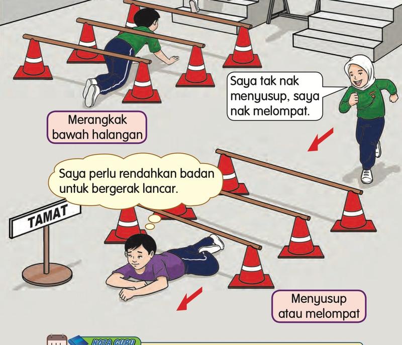 Murid merangkak di bawah halangan dan murid lain menyusup di bawah palang