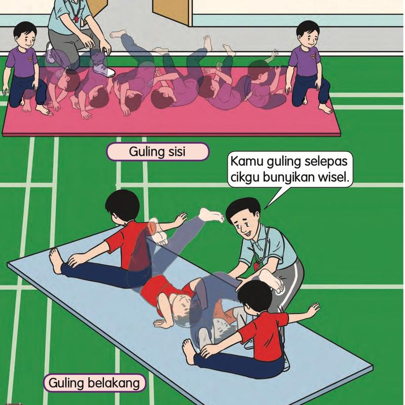 Guling sisi di atas tilam merah dan guling belakang di atas tilam biru dengan guru membunyikan wisel