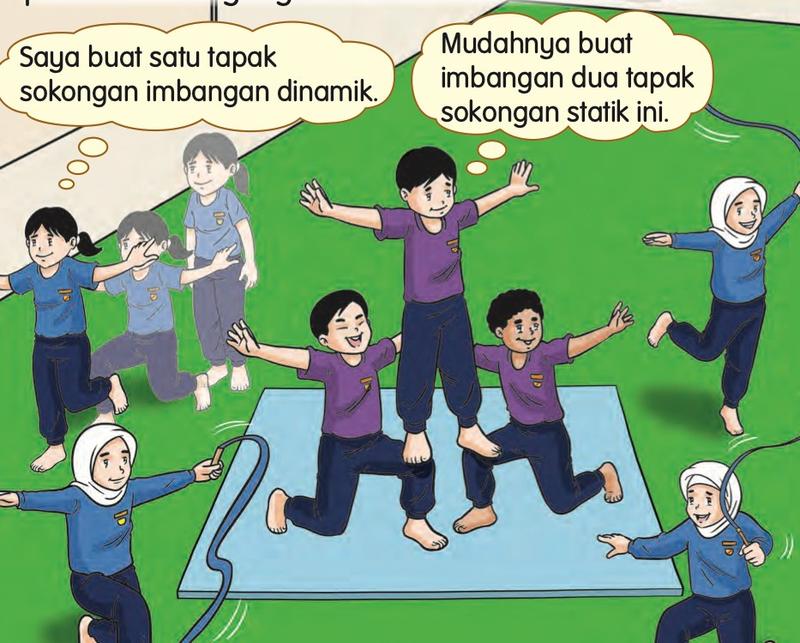 Seorang murid membuat imbangan dinamik di atas rumput dan tiga murid membuat imbangan statik di atas tilam