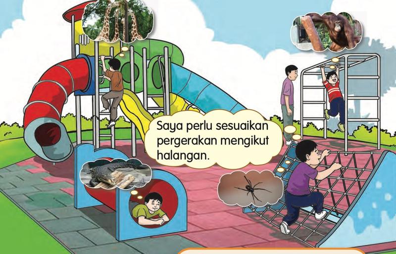 Murid di taman permainan dengan gambar buaya, zirafah, orang utan dan labah-labah
