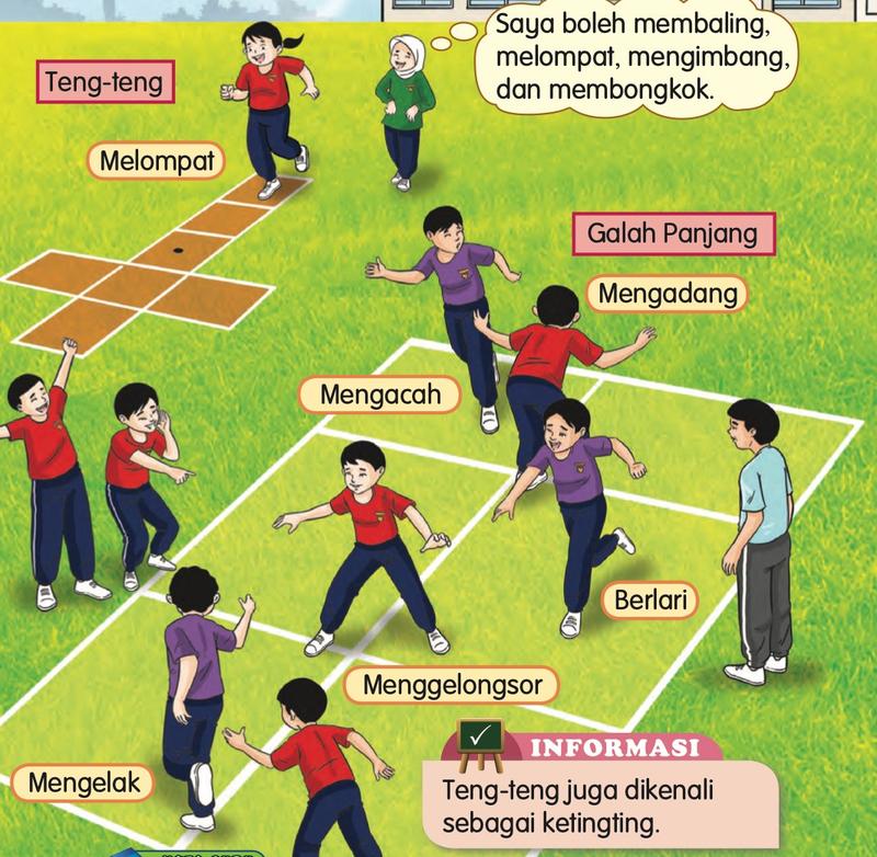 Murid bermain Teng-teng dan Galah Panjang dengan label kemahiran