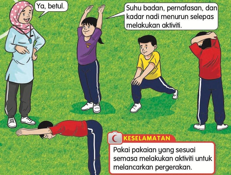 Murid melakukan regangan untuk menyejukkan badan dengan guru