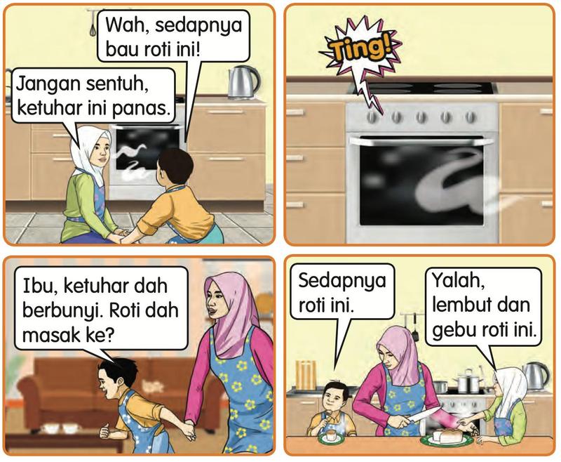 Empat gambar di dapur: ibu dan budak di hadapan ketuhar, bunyi ketuhar, budak berlari kepada ibu, dan makan roti di meja