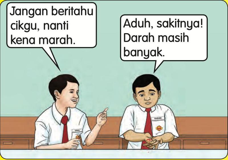 Seorang budak yang tangannya berdarah dan kawannya yang menyuruhnya tidak memberitahu cikgu