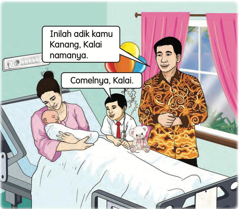 Seorang ibu memegang bayi di atas katil hospital; Kanang dan ayahnya berdiri di sisi