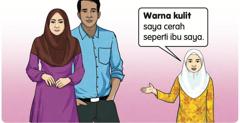 Seorang murid perempuan bercakap tentang warna kulitnya yang cerah seperti ibunya; ibu dan bapanya berdiri di sebelah