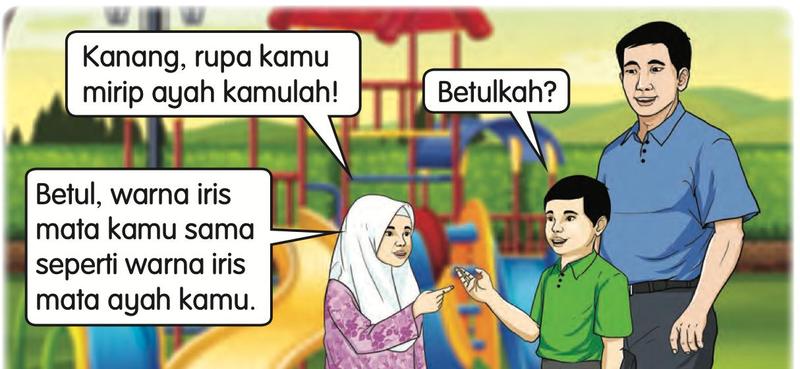 Seorang murid perempuan bercakap dengan Kanang dan ayahnya di taman permainan tentang iris mata