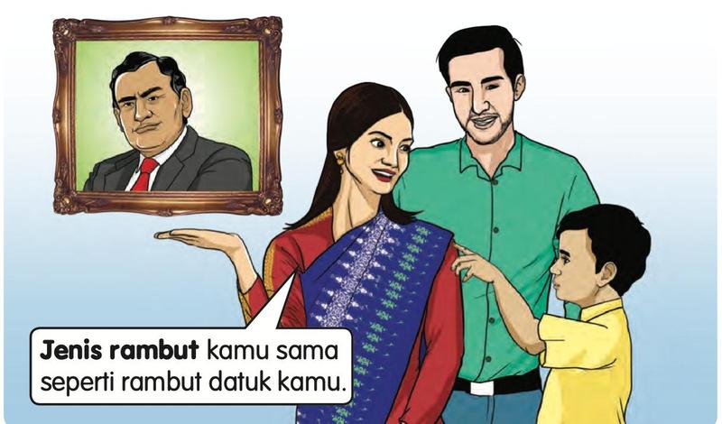 Seorang ibu menunjuk gambar datuk dalam bingkai kepada anaknya; ayah berdiri di sebelah