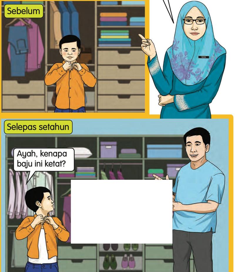 Seorang budak lelaki membutang bajunya sebelum setahun dan selepas setahun