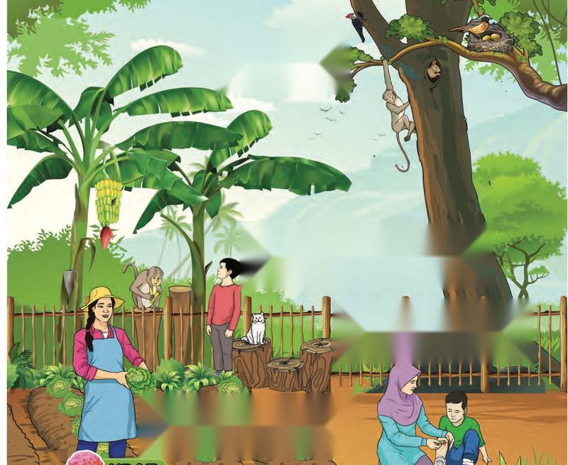 Kebun dengan pokok pisang, sayur, pokok besar yang didiami monyet dan burung, dan seorang ibu merawat luka seorang budak