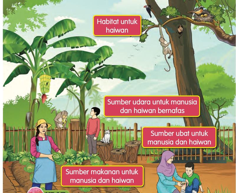 Kebun dengan pokok pisang, sayur, pokok besar yang didiami monyet dan burung, serta orang yang menggunakan tumbuh-tumbuhan sebagai makanan, udara dan ubat
