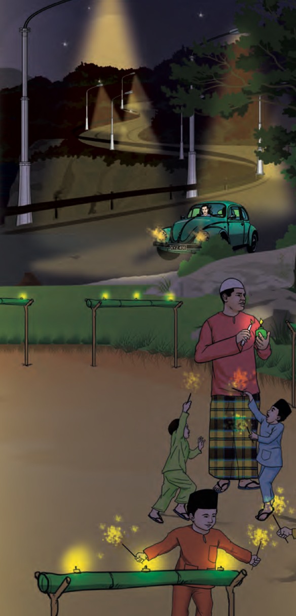 Pemandangan sebuah kampung yang gelap pada waktu malam