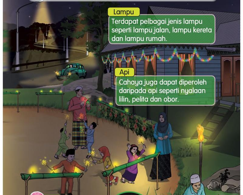 Kampung pada waktu malam: lampu jalan, lampu kereta, lampu hiasan di rumah, bunga api tangan dan obor yang menyala