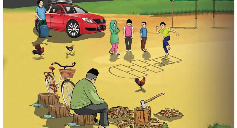 Pada waktu siang, beberapa murid bermain teng-teng di halaman kampung dan seorang lelaki duduk di tunggul kayu