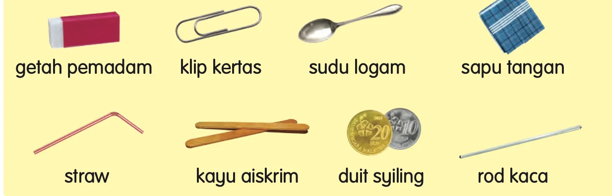 Lapan objek untuk diuji: getah pemadam, klip kertas, sudu logam, sapu tangan, straw, kayu aiskrim, duit syiling dan rod kaca