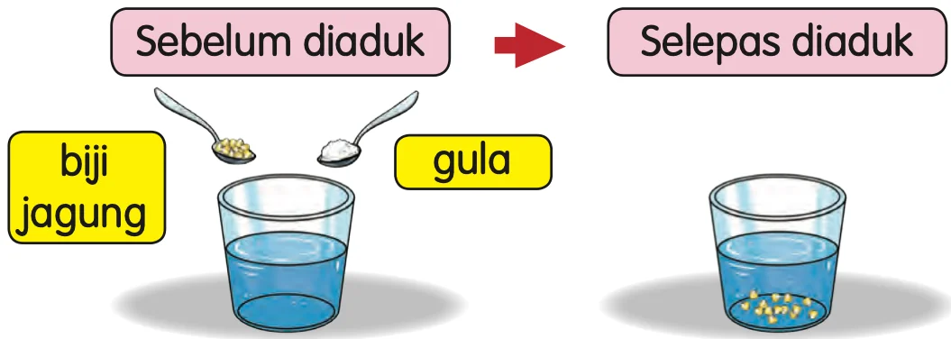 Biji jagung dan gula dimasukkan ke dalam air, sebelum diaduk dan selepas diaduk