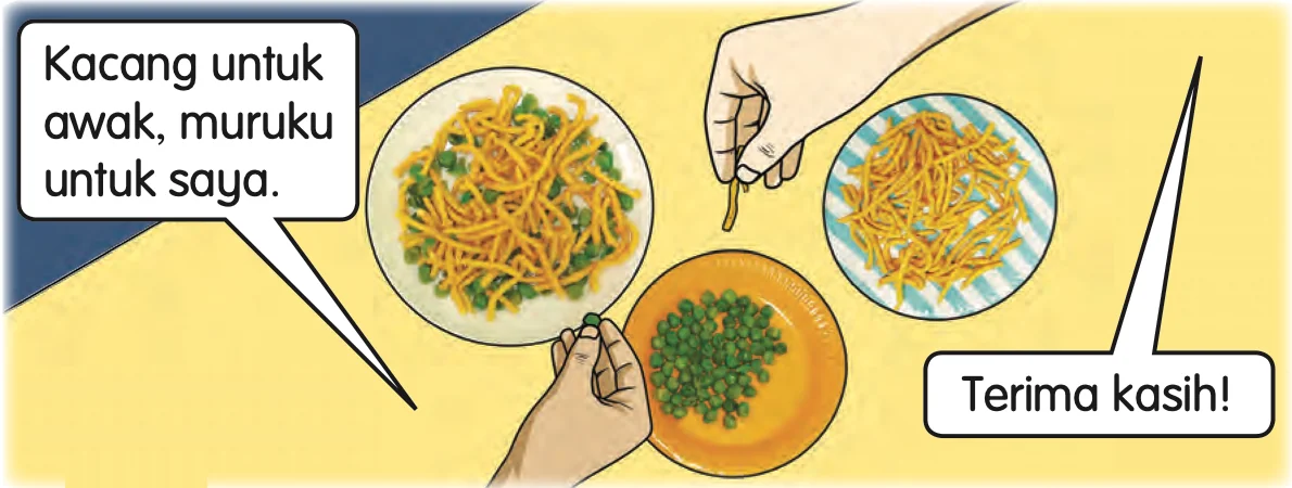Tangan mengambil kacang dan muruku daripada campuran dan meletakkannya di dalam pinggan yang berasingan