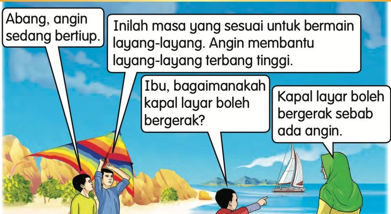Kanak-kanak bermain layang-layang di tepi pantai dan sebuah kapal layar di laut