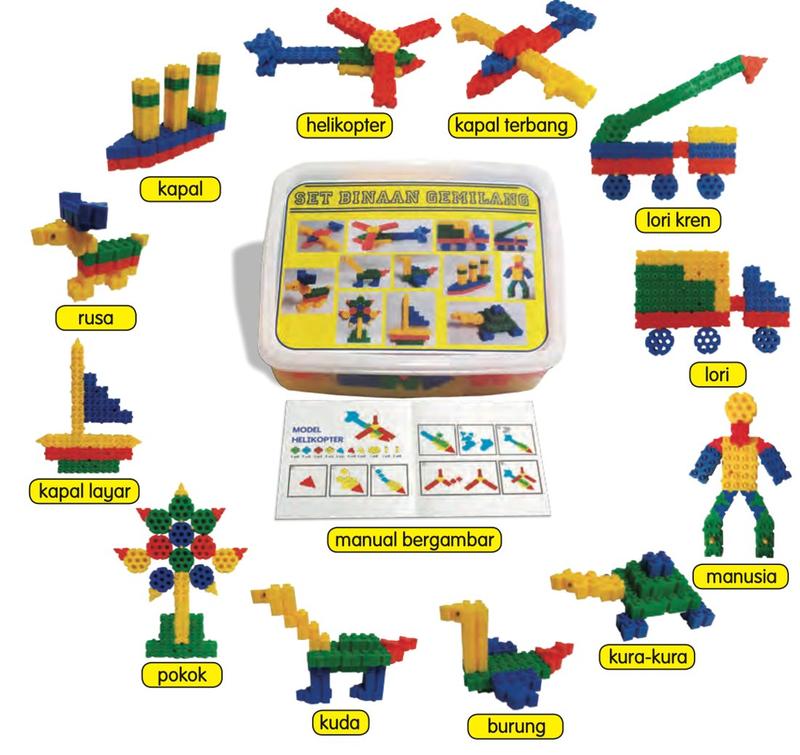 Kotak Set Binaan Gemilang di tengah, dengan model di sekelilingnya: helikopter, kapal terbang, lori kren, lori, manusia, kura-kura, burung, kuda, pokok, kapal layar, rusa dan kapal, serta manual bergambar