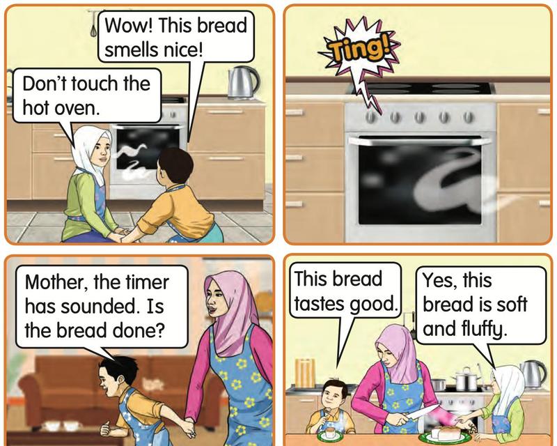 Nisa and her brother smell, hear, taste and touch the bread that their mother baked