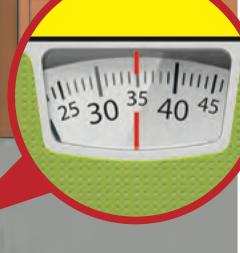 A weighing scale dial with the red pointer at 35