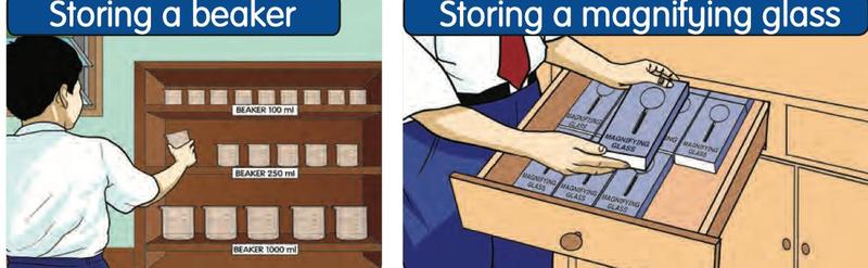 A pupil puts a beaker on a labelled shelf and magnifying glasses in a drawer