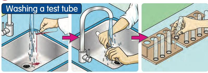 A test tube is rinsed, scrubbed in the sink and put on a rack