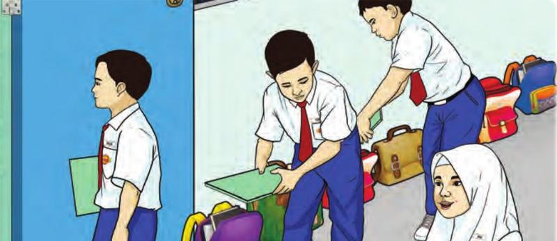 Bags lying on the Science Room floor with pupils stepping around them; the teacher points