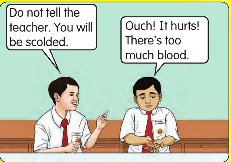 A boy with a bleeding hand while his friend says not to tell the teacher