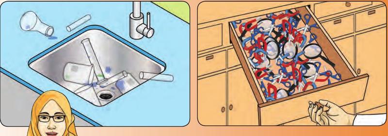 A sink full of dirty glassware and a drawer with tangled magnifying glasses