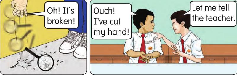 A broken magnifying glass on the floor, and a boy with a cut hand while his friend says he will tell the teacher