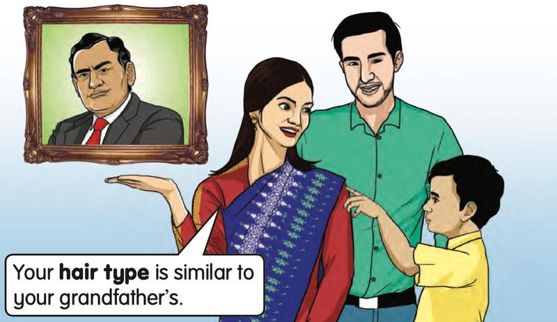 A boy, his parents and a portrait of his grandfather; the boy has his grandfather's hair type